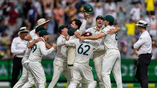  Australian players celebrating after winning the NRMA Insurance Boxing Day Test match of Border Gavaskar trophy between Australia and India at the Melbourne Cricket Ground on December 30, 2024 in Melbourne, Australia