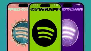 Spotify logos teasing Wrapped 2024 on three iPhones 