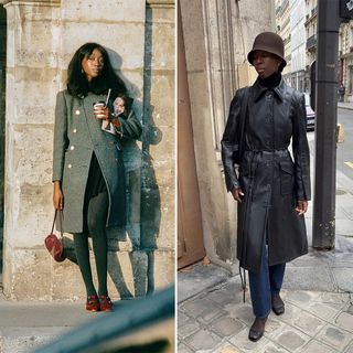 Collage of French women wearing different Paris coat trends.