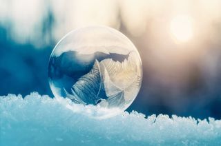 Close-up of frozen bubble in golden light 