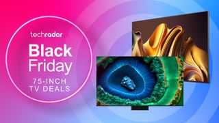 TCL and Hisense TVs on pink and blue gradient background with TechRadar logo and &quot;Black Friday 75-inch TV deals&quot; text in white