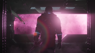 The silhouette of a person wearing a space suit looking out a window, with bright pink light shining in.