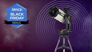 A Celestron NexStar Evolution 8, in front of a space background, with a Space Black Friday Deals logo. 