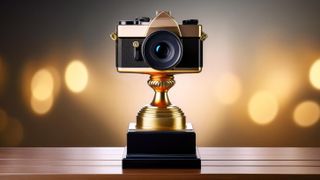 A gold trophy with a camera as the topper, on a wooden surface with blurred &quot;bokeh balls&quot; in the background