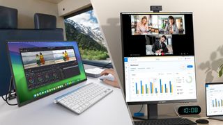 Uperfect portable monitor on a table in a train with a keyboard, mouse, and mini PC adjacent to it. Image is then split at a diagonal and on the other side is an Innocn 28C1q monitor on a desk connected to a laptop.