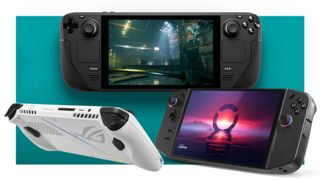 A collection of handheld gaming PCs on a teal background