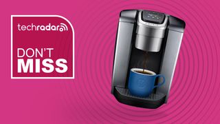 Keurig coffee maker on pink background with white text reading &quot;TechRadar don&#039;t miss&quot;