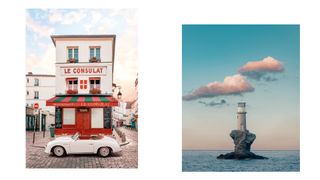 Composite image of two photographs that appear in the Accidentally Wes Anderson Adventures book, by Paul Fuentes (titled &#039;Le Consulat&#039;) and George Bogdanis (titled &#039;Tourlitis Lighthouse&#039;)