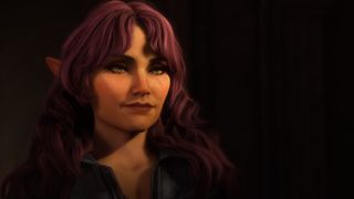 Dragon Age: The Veilguard screenshot of Elven Rook with a scar on her cheek and long purple hair framing her face