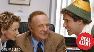 Amy Sedaris as Deb, James Caan as Walter, and Will Ferrell as Buddy in Warner Bros Elf, with deal alert badge