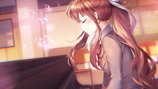 Main character from Doki Doki Literature Club Plus playing piano