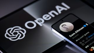 A phone showing the X account of Sam Altman, CEO at OpenAI, resting on a tablet bearing the OpenAI logo set against a black background. Both rest on a grey, reflective surface.