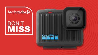 GoPro Hero (2024) on a red background with TechRadar &#039;don&#039;t miss&#039; text overlay