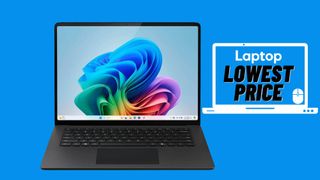 Surface Laptop 7 in black with lowest price Laptop Mag deal logo against blue background