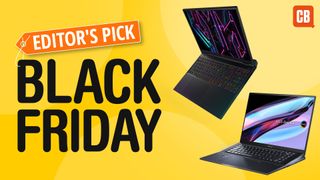 An Acer Predator Helios 16 and ASUS Zenbook Pro 16X OLED laptops on a yellow background next to the text Editor&#039;s Pick Black Friday