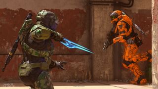 Halo Infinite screenshot of two armored combatants, one in camo green and the other in orange