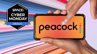 A smartphone with a peacock logo on it being swiped with a space.com cyber monday icon