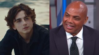 Kyle Scheible (Timothée Chalamet) speaks in Lady Bird, while Charles Barkley smiles on Inside the NBA