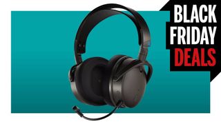 The Audeze Maxwell wireless gaming headset on a teal background with &quot;Black Friday Deals&quot; text in the top right