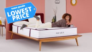 Awara Natural Hybrid Mattress in a bedroom, with a Lowest Price graphic overlaid