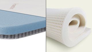 In this image a Saatva microcoil mattress topper is seen on the left, while a Plush Beds latex mattress topper is seen on the right