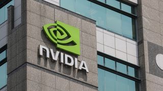 Nvidia logo and branding pictured on company offices in Taipei, Taiwan.