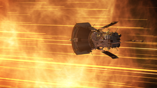 An artist&#039;s rendering of a spacecraft against a smoky yellow background with flecks of particles showing up as lines of light.