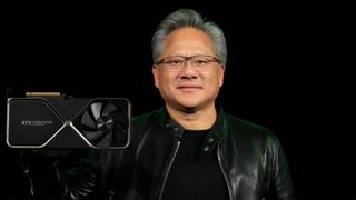 Nvidia CEO Jensen Huang holding graphics card with words &quot;RTX 5080???&quot; on front with black backdrop