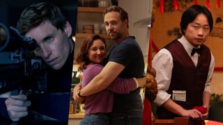 (L-R) The Jackal (Eddie Redmayne) in &quot;The Day of the Jackal&quot;, Nikki (Esther Smith) and Jason (Rafe Spall) hugging in &quot;Trying&quot; season 4, and Willis Wu (Jimmy O. Yang) in &quot;Interior Chinatown&quot;.