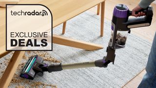 Person using Shark PowerDetect Cordless vacuum, with Exclusive Deals graphic overlaid