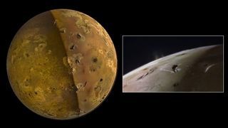 a yellowish moon dotted with craters, with an inset image showing a gas plume escaping its surface