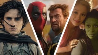 A collage image of Dune Part Two&#039;s Paul Atreides, the titular duo in Deadpool and Wolverine, and Glinda and Elphaba in Wicked