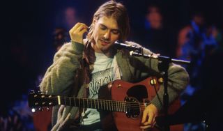 Kurt Cobain performs onstage with Nirvana at Sony Studios in New York City on November 18, 1993