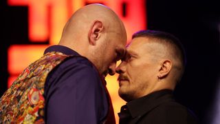 Tyson Fury, wearing colorful waistcoat, bumps foreheads with Ukrainian boxer Oleksandr Usyk ahead of the Usyk vs Fury start time