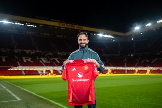 MANCHESTER, ENGLAND - NOVEMBER 14: (EXCLUSIVE COVERAGE) (EDITOR&#039;S NOTE: Image processed using a digital filter) In this image released on November 15th, Ruben Amorim is seen giving an interview at Old Trafford on November 14, 2024 in Manchester, England. (Photo by Ash Donelon/Manchester United via Getty Images)