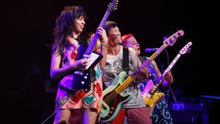 Lucia de la Garza, Eloise Wong, and Bela Salazar of The Linda Lindas perform at the Sonora Tent during the 2023 Coachella Valley Music and Arts Festival on April 22, 2023 in Indio, California.