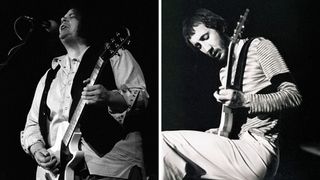 Left-Leslie West of West, Bruce And Laing performing on stage at City Hall, Newcastle-upon-Tyne, United Kingdom, 24 April 1973; Right-Pete Townshend of The Who performs on stage at a concert at Ahoy in Rotterdam, Netherlands on October 27 1975