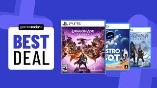 Dragon Age: The Veilguard, Astro Bot, and God of War Ragnarok PS5 games on a blue background with best deal badge