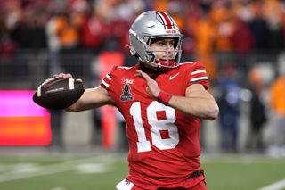 Quarterback Will Howard #18 of the Ohio State Buckeyes seen in action during a game against the Tennessee Volunteers 