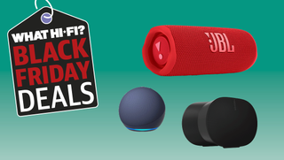 Black Friday graphic with three Bluetooth speakers against green background