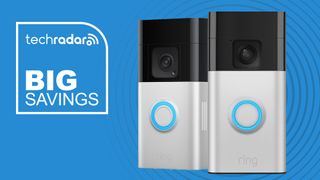 Two Ring video doorbells on blue background with white text reading &#039;TechRadar Big Savings&#039;