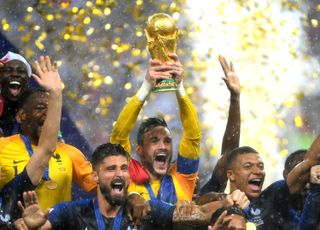 Hugo Lloris lifts the World Cup trophy as France celebrate their win over Croatia in the final in Moscow in july 2018.