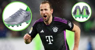 Harry Kane celebrates scoring for Bayern Munich, with two roundels containing pictures of his Skechers soccer cleats