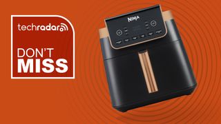 Ninja air fryer on orange background with white text reading &quot;TechRadar don&#039;t miss&quot;