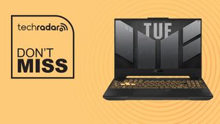 Asus TUF gaming laptop on sandy yellow background with don't miss text overlay