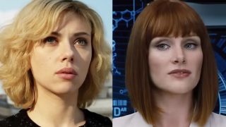 Johansson looking intense in 2014 action thriller Lucy, Bryce Dallas Howard discussing dinos in Jurassic World. 