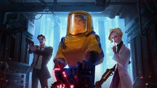 Promotional art for Section 13 from Ocean Drive Studio and Kakao Games. A man in a yellow hazmat suit is in the center, with a blonde haired character in a labcoat to the right. A second man in a suit and tie with a pistol aimed just off camera is to the left.