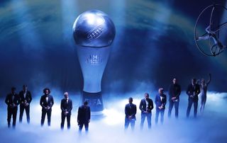 ILAN, ITALY - SEPTEMBER 23: FIFA FIFPro Men&#039;s World 11 Players of the Year (L-R) Alisson, Sergio Ramos, Marcelo Vieira, Lionel Messi, Frenkie de Jong, Eden Hazard, Kylian Mbappe, Luka Modric, Virgil van Dijk and Matthijs de Ligt pose for a photo during The Best FIFA Football Awards 2019 on September 23, 2019 in Milan, Italy. (Photo by Emilio Andreoli/Getty Images)