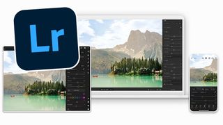Adobe Lightroom on a laptop, smartphone and tablet device, with the Lightroom logo (top left). 