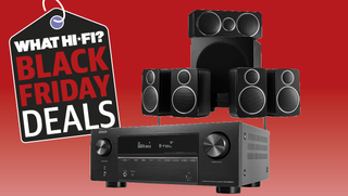 Denon AVR and Wharfedale speakers on a red background with a What Hi-Fi? Black Friday Deals tag